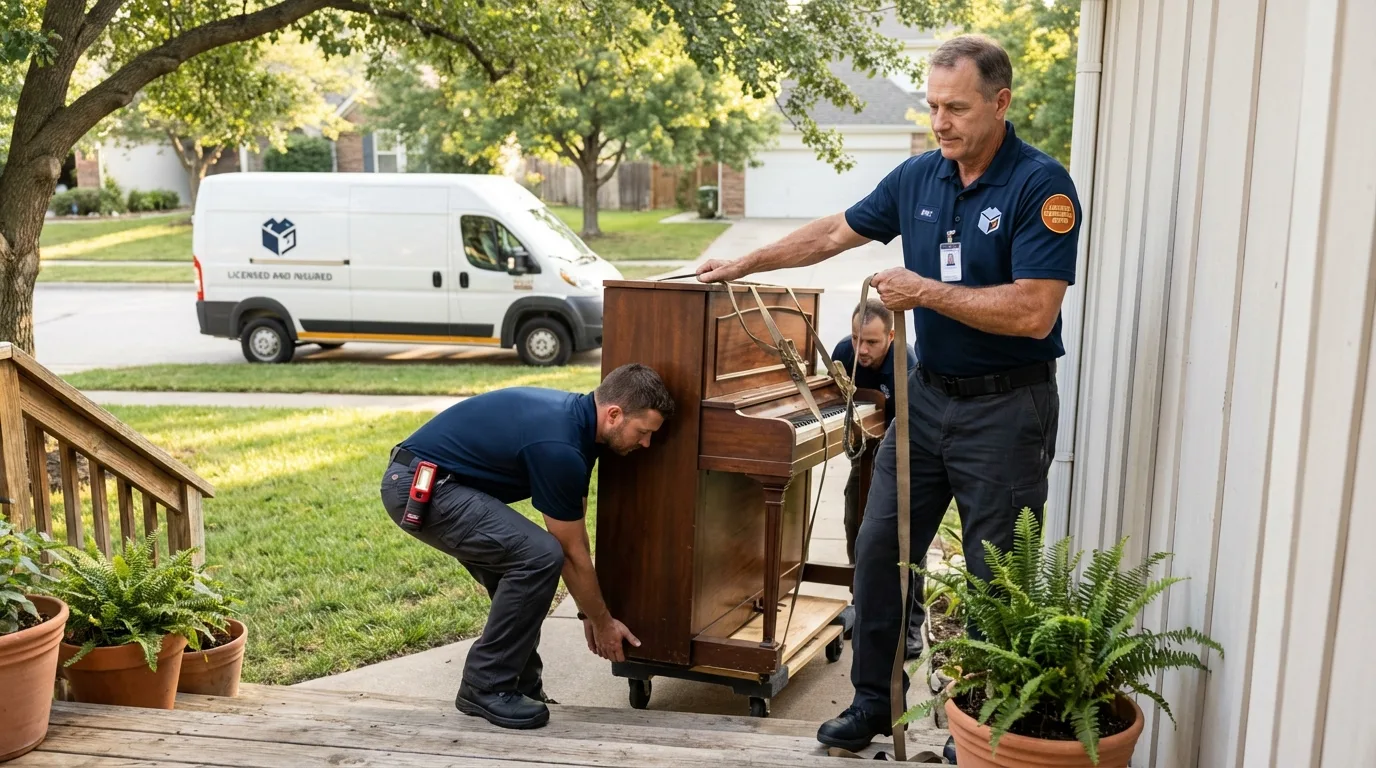 Licensed piano movers securing grand piano in Rockport, TX