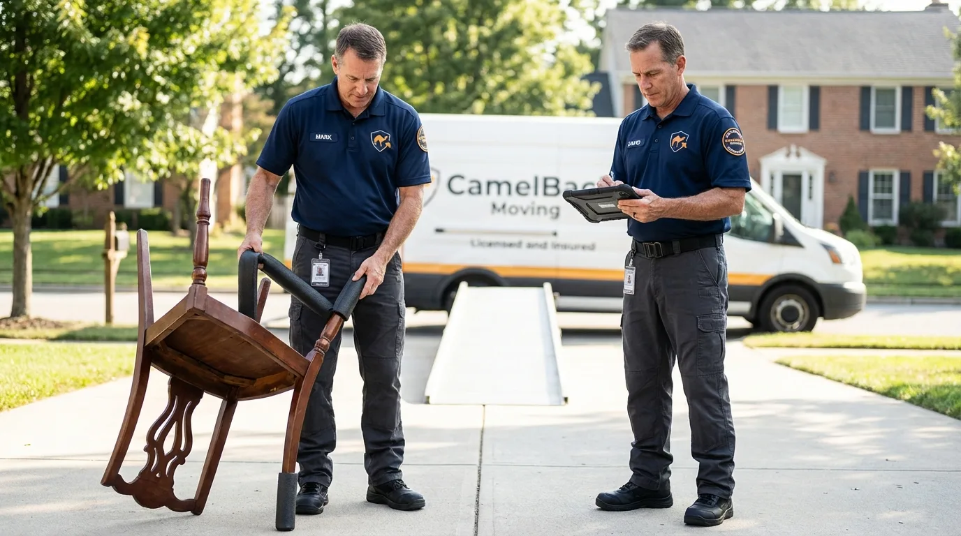 Movers inspecting furniture for damage prevention before loading in Rockport, TX