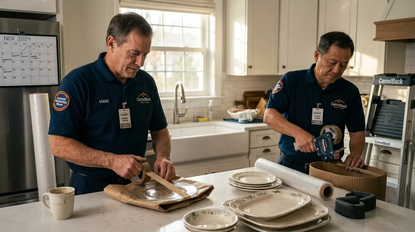 Professional crew packing kitchen dishware in Rockport, TX
